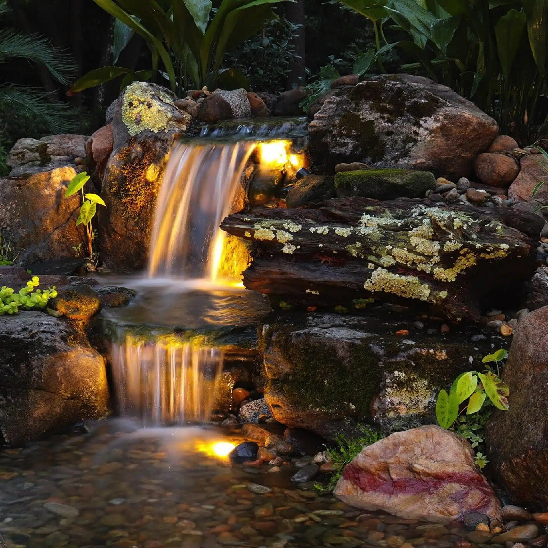 Water feature lighting highlighting a rock waterfall and stream by Landscape Lighting Resources in Charlotte NC